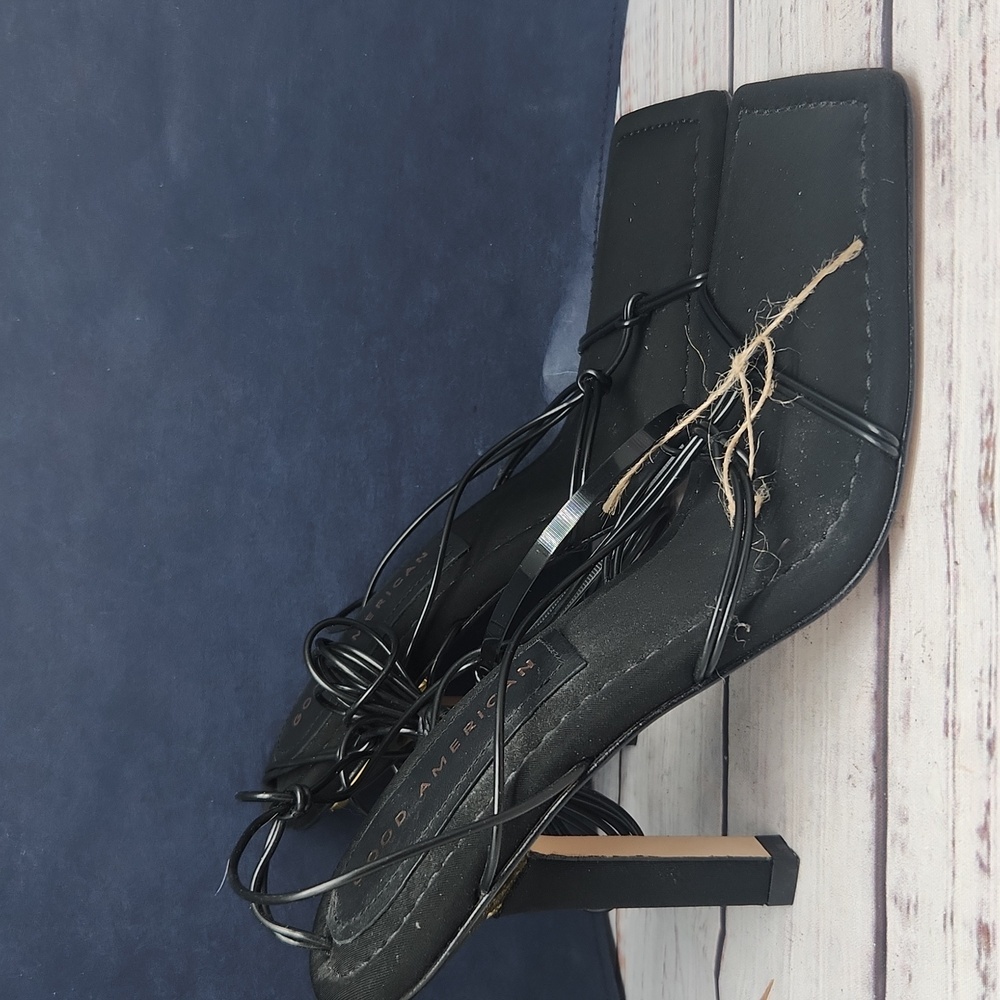 NWT Good American‎ Cage Slanted Sandals Neoprene Black Lace Up Heel Size 5 - Picture 12 of 15